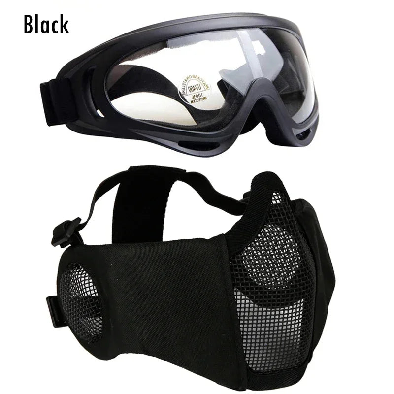 Tactical Airsoft Mask + Goggles Set Half Face Mesh Mask with Ear Cover Paintball Shooting CS Survival Games Cosplay