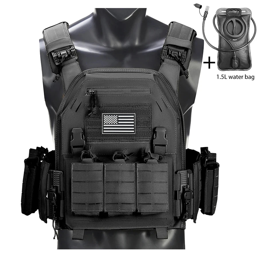 Outdoor camouflage vest with modular pockets and 1.5-liter water bag, suitable for hiking and exploration