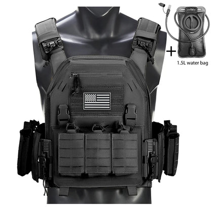 Outdoor camouflage vest with modular pockets and 1.5-liter water bag, suitable for hiking and exploration