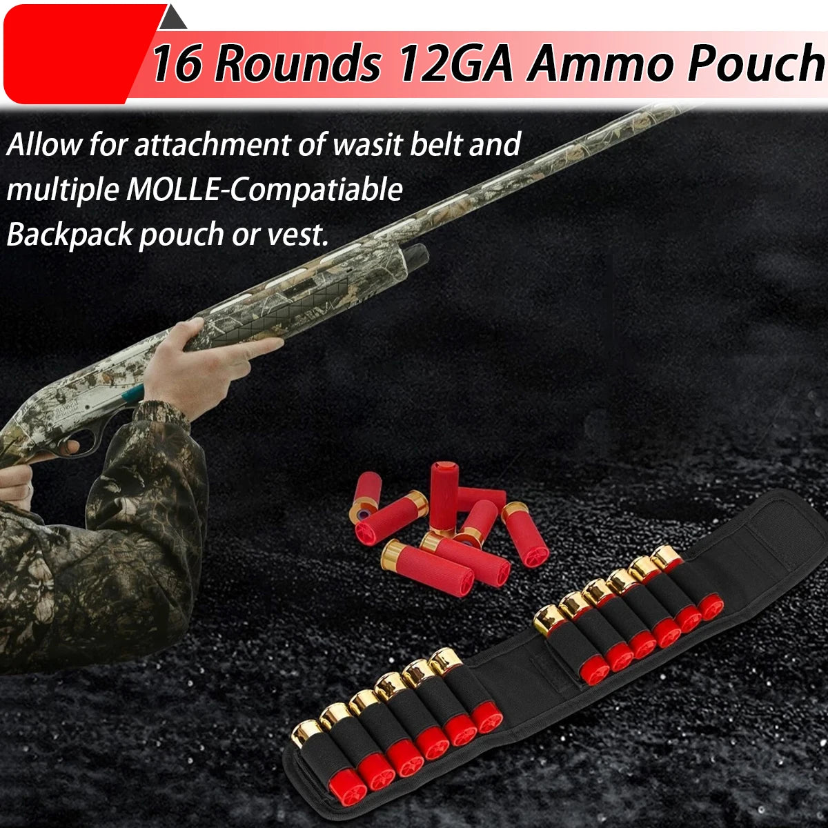 16 Rounds 12GA Shotgun Shell Holder Tactical Molle Waist Bandolier Shotshell Ammo Pouch for 12/16/20 Gauge