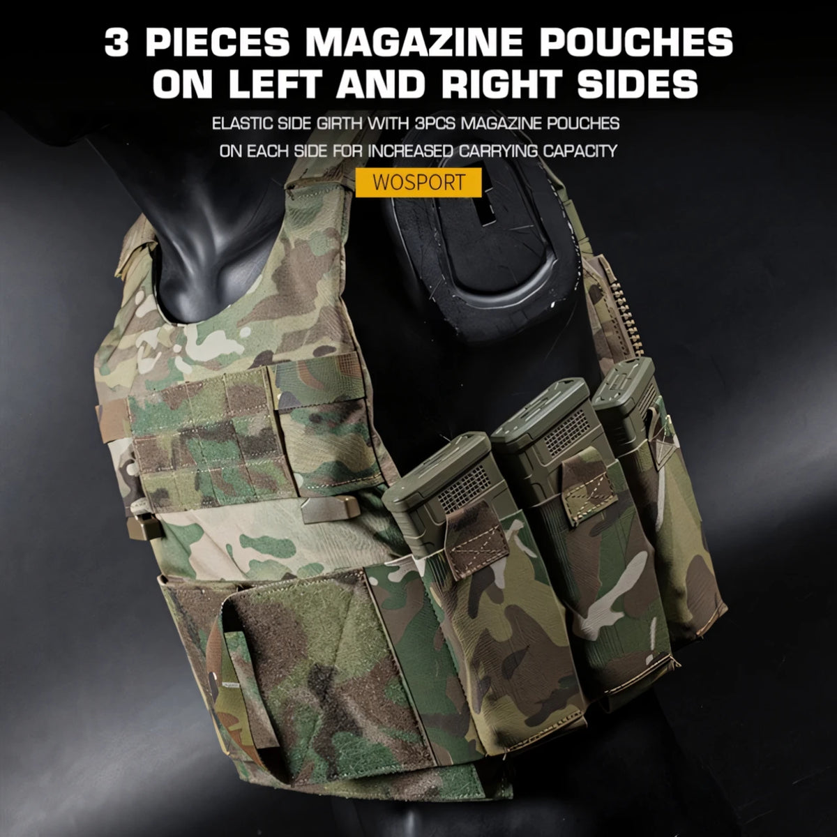 Wosport LV-119 Tactical Vest Cordura Plate Carrier 6 Quick Access Pouches 2.5 Inch Buckle Rear Zipper for Airsoft Outdoor Games