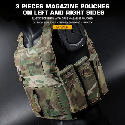 Wosport LV-119 Tactical Vest Cordura Plate Carrier 6 Quick Access Pouches 2.5 Inch Buckle Rear Zipper for Airsoft Outdoor Games