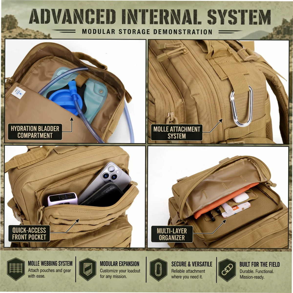 24L Tactical Hunting Backpack for Men Women Molle Modular System Durable Outdoor Daypack Gear Storage Pack for Shooting Camping Hiking Trekking Fishing Cycling Travel Daily Commute Sports