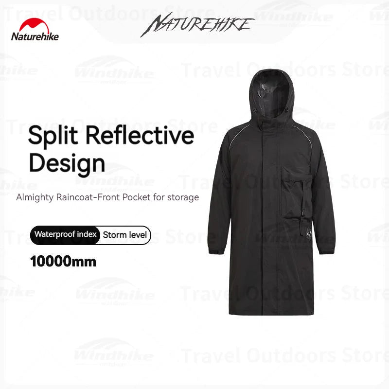 Naturehike Black Raincoat with Reflective Strip Fashion Adult Waterproof Long Raincoat Men Rain Coat Hooded For Outdoor Hiking