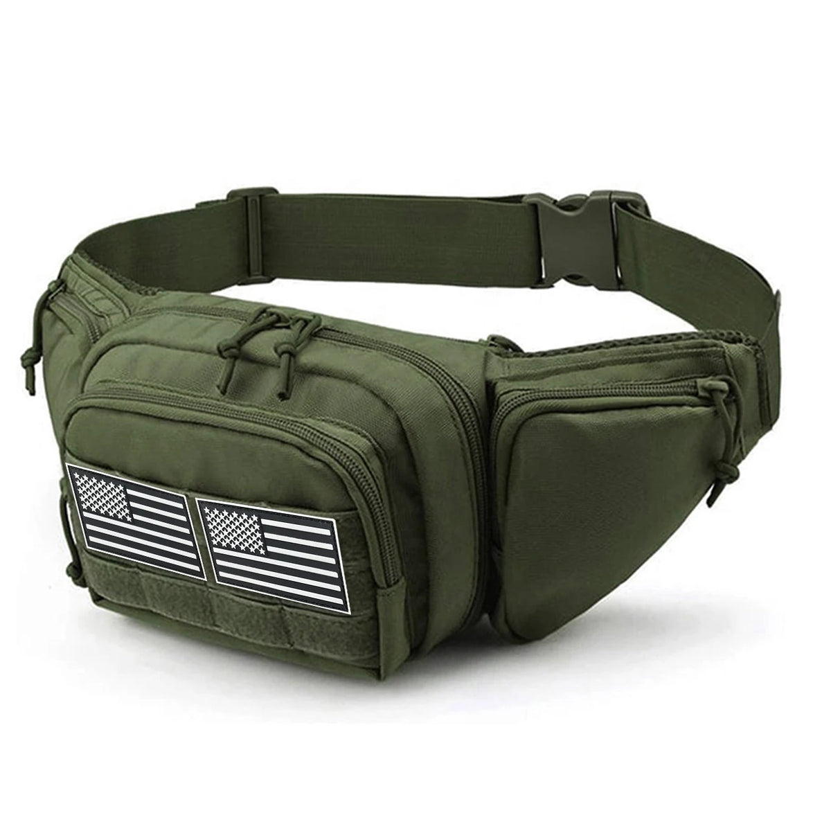Multi pocket waist bag with adjustable waistband, breathable back, and Magic Sticky for hiking and hunting trips
