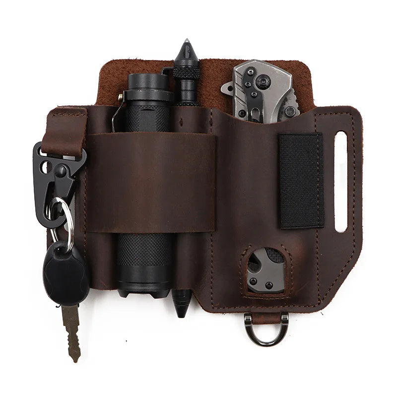 Leather EDC Tool Pouch Outdoor Tactical Flashlight Holder Waist Bag for Camping Hiking Survival