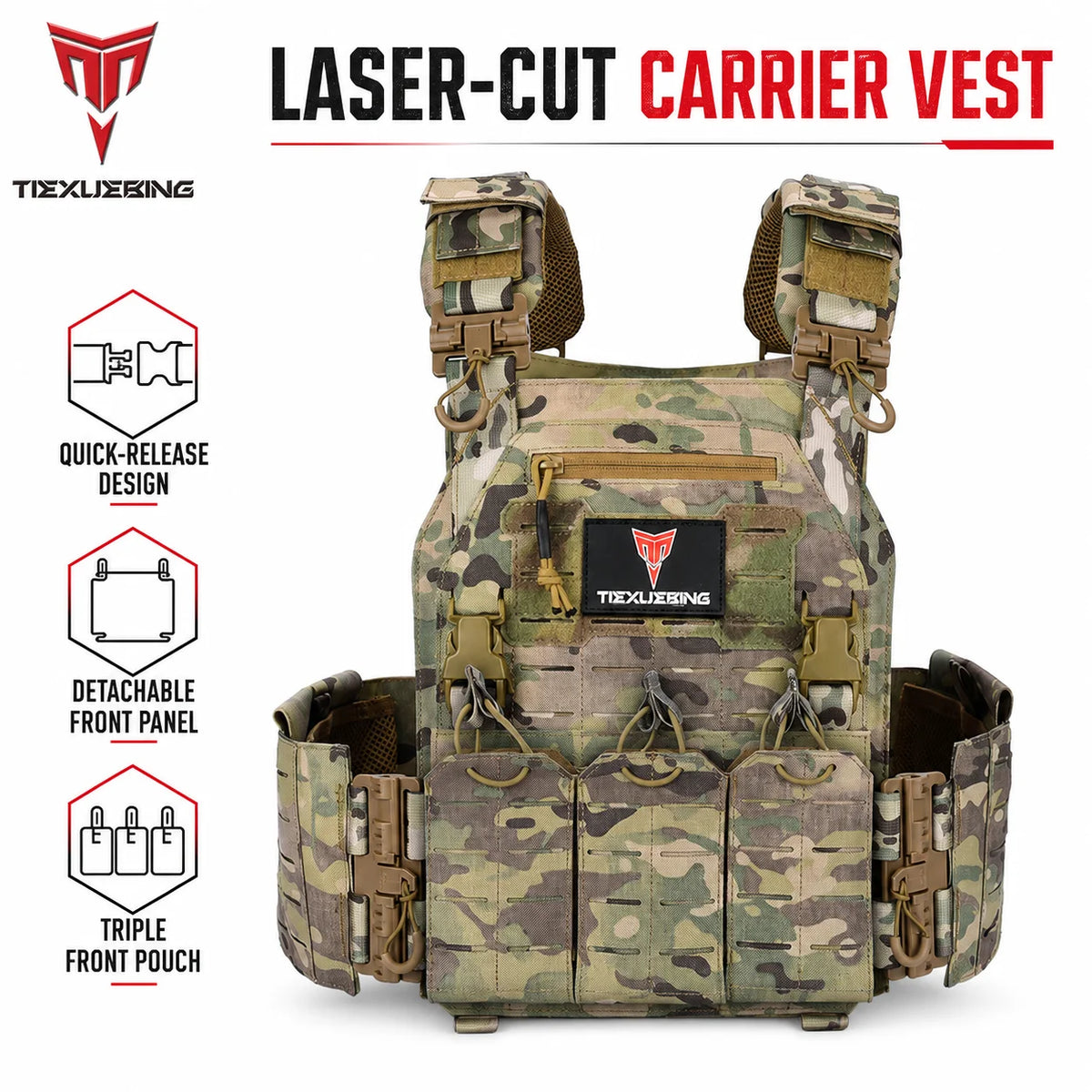 TIEXUEBING Laser Cut Tactical Carrier Vest Quick Release Adjustable Outdoor Hunting Airsoft CS Combat Vest with Triple Pouch