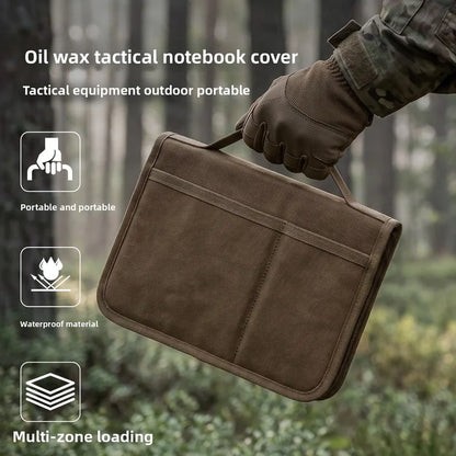 Tactical A5 Notebook Cover Oil Wax Canvas Organizer, Outdoor Journal Sleeve With Handle, EDC Writing Pad Protective Case