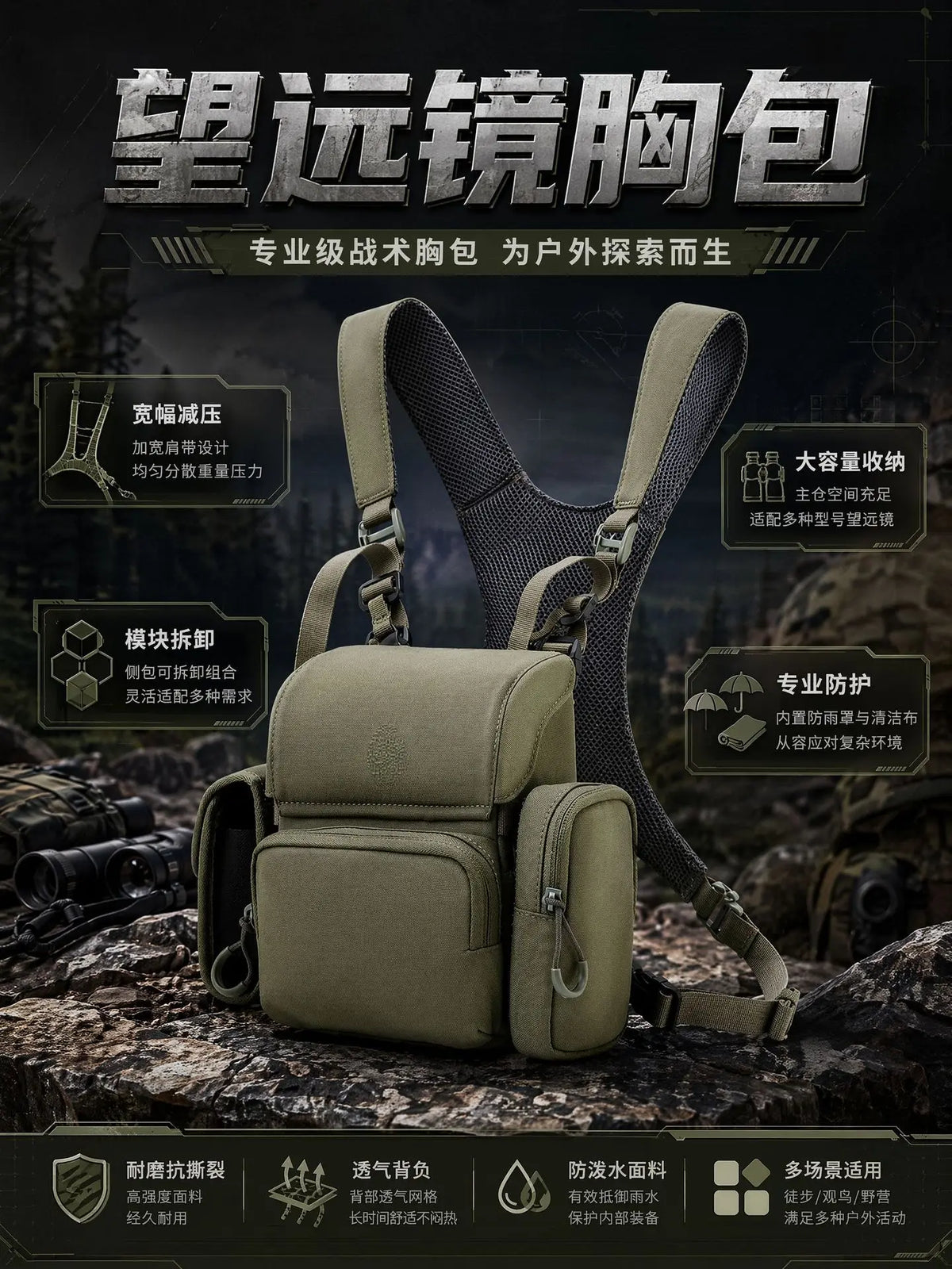 QX Tactical Binocular Harness Chest Pack MOLLE Multi Pocket Hunting Bag Rangefinder Pouch Outdoor Bird Watching Hiking Gear