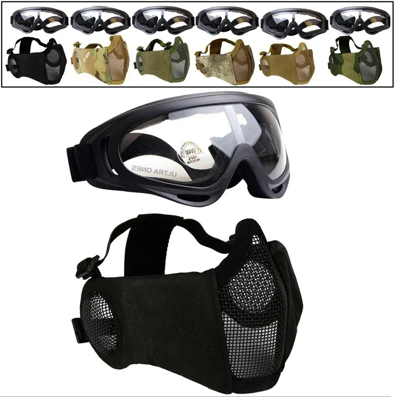 Tactical Airsoft Mask + Goggles Set Half Face Mesh Mask with Ear Cover Paintball Shooting CS Survival Games Cosplay