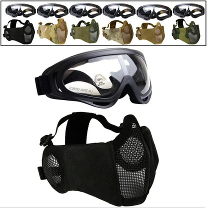 Tactical Airsoft Mask + Goggles Set Half Face Mesh Mask with Ear Cover Paintball Shooting CS Survival Games Cosplay