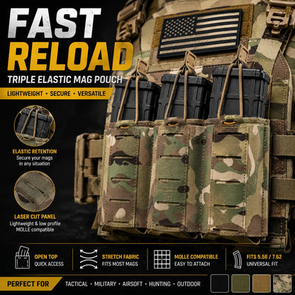 Portable Dual Use Mag Pouch Elastic Triple Holder Fit 5.56 7.62 MOLLE Front Panel Tactical Vest Magazine Storage Bag