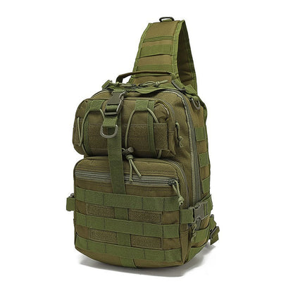Large capacity shoulder crossbody bag and chest bag with multiple zipper compartments and MOLLE expansion system