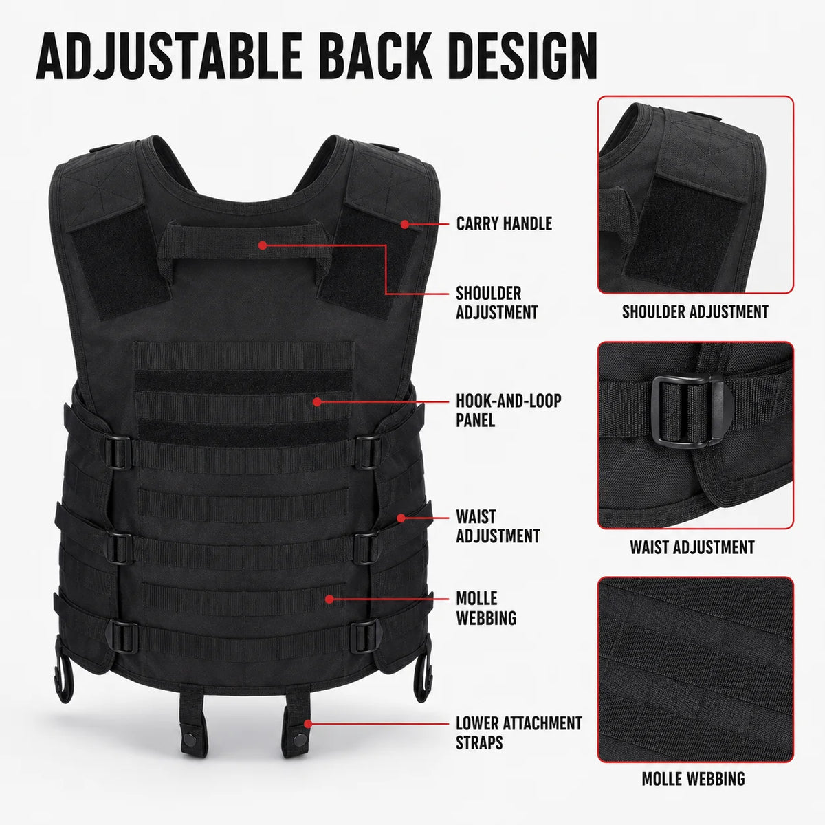 Tactical MOLLE Carrier Vest Lightweight Adjustable Waistcoat with Gear Pockets for Airsoft CS Wargame Hunting Outdoor Training